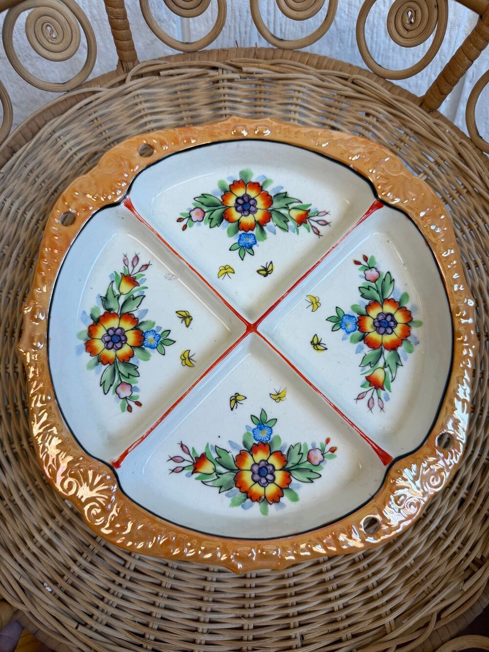 Vintage Made in Japan Hand Painted Divided Relish Dish Floral Appetizer Tray